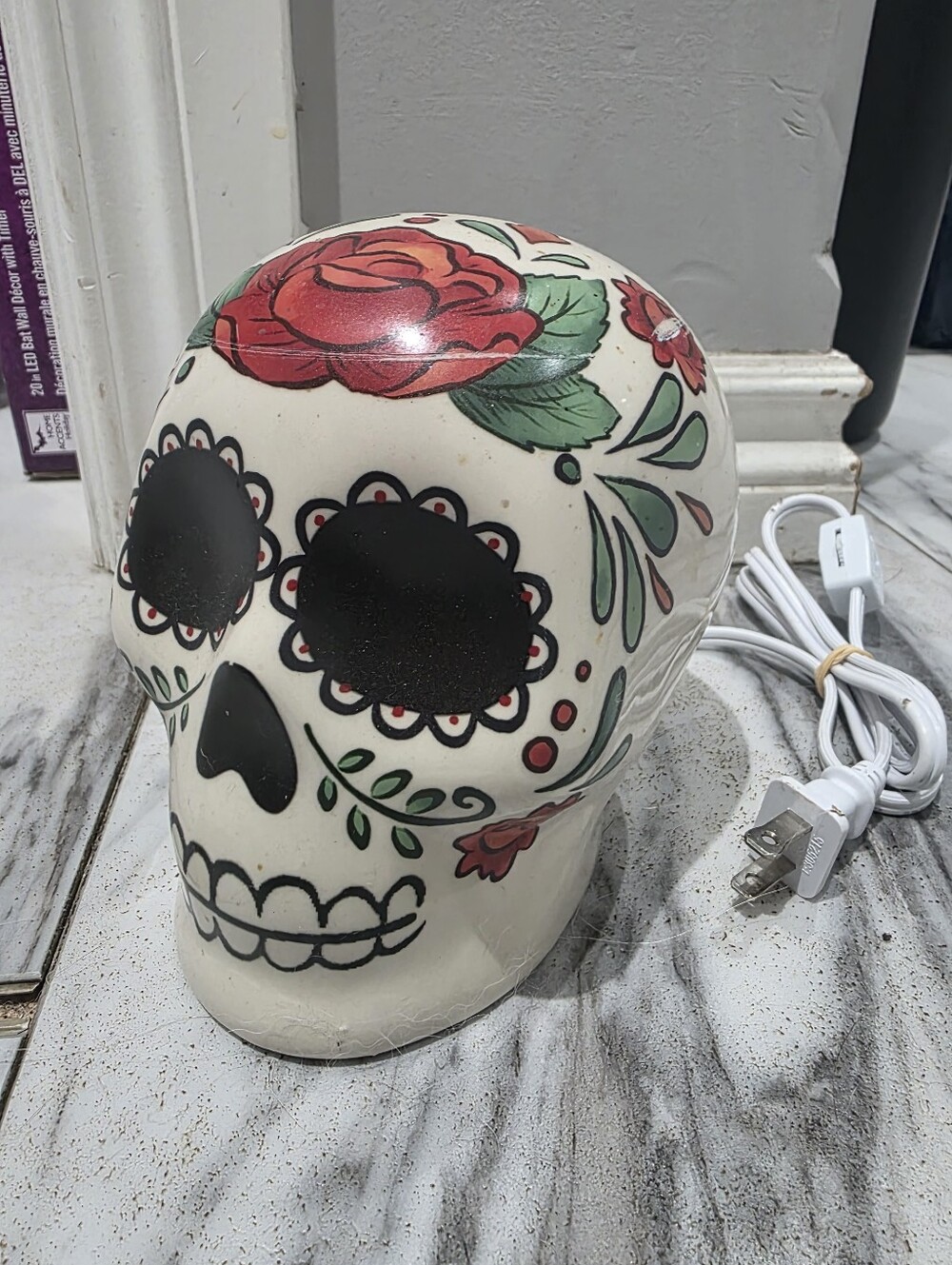 Ceramic Sugar Skull Table Lamp with Red Rose